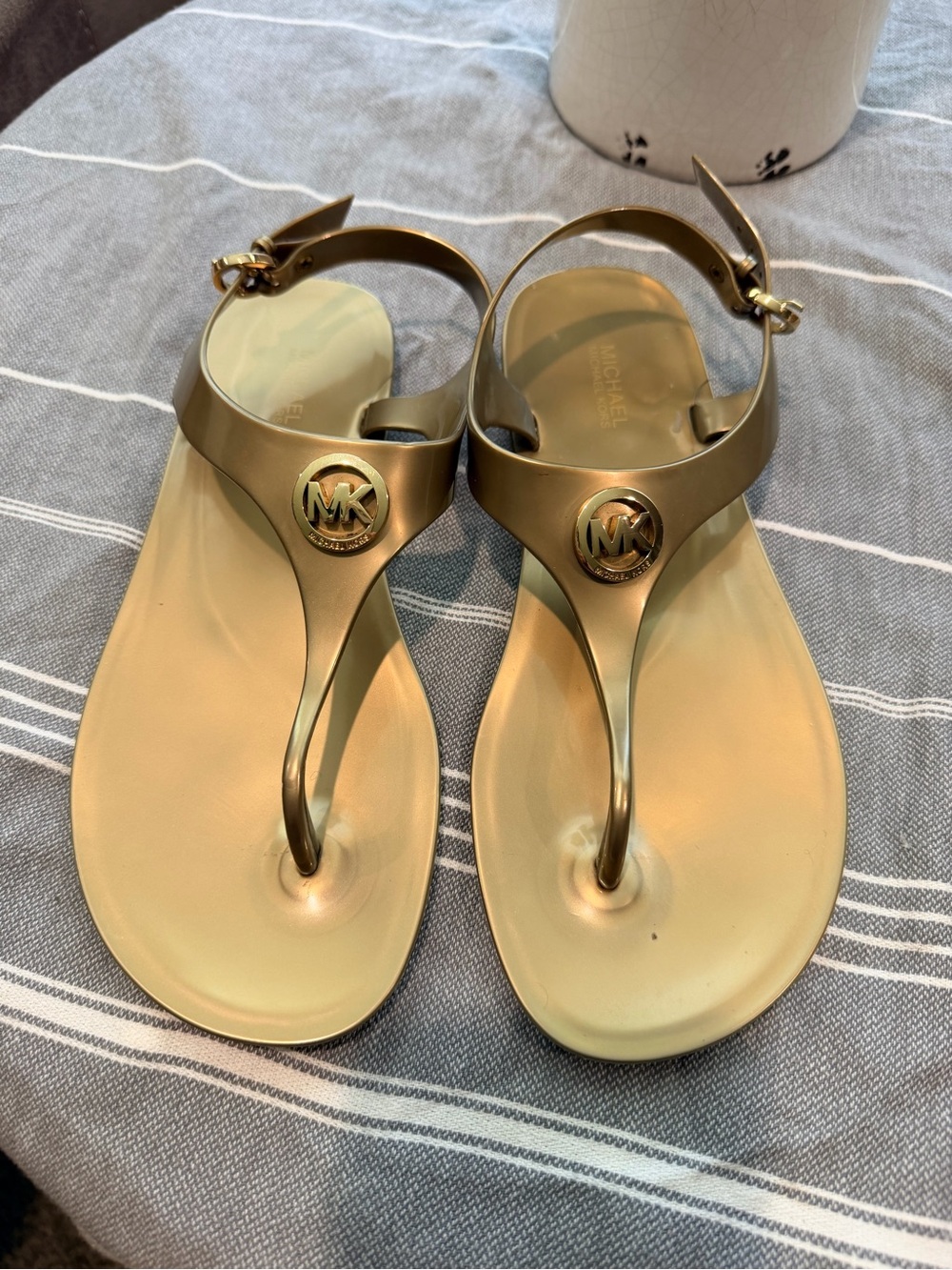 Michael Kors Metallic Gold T-strap Logo Sandals